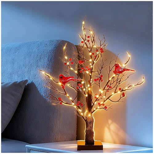 Vintage Glowing Tree with Cardinals and Berries 21 in LED Cardinal Tree with Lights Lamp for Christmas Party Dcor