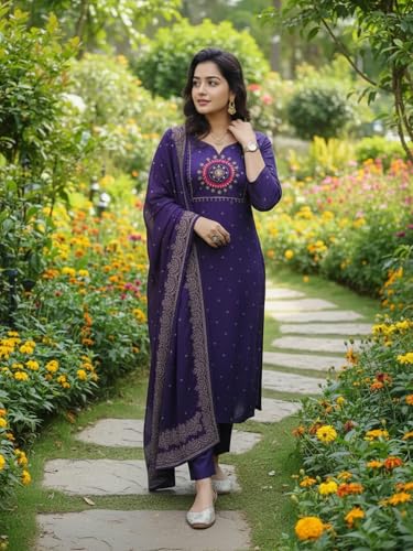Image of ANNI Designer Women's Rayon Viscose Straight Embroidered Kurta with Pant and Dupatta | Ethnic Kurta Set for Festive, Office