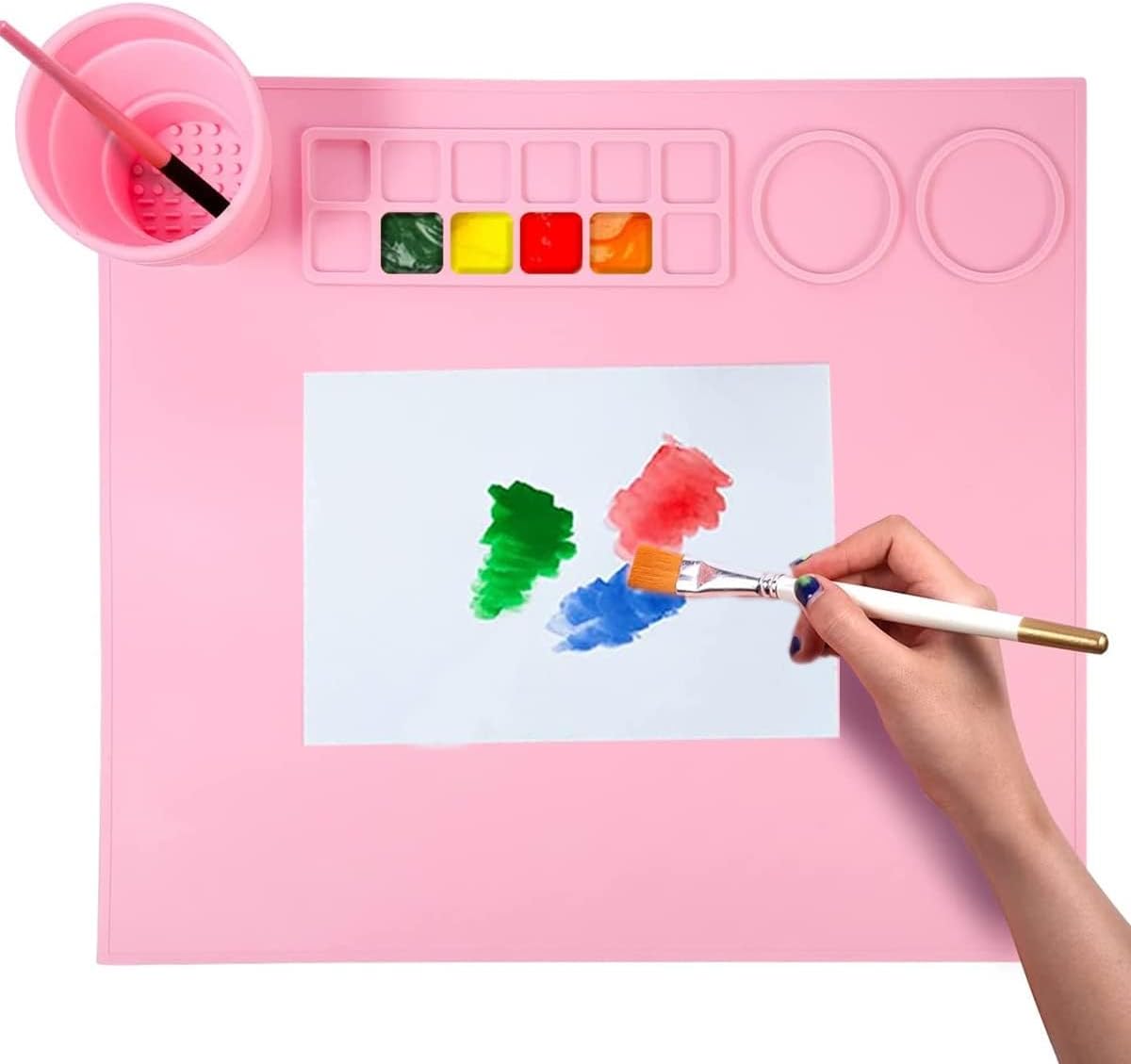 Bhavyam Art & Craft Silicone Painting mat for Kids with Cleaning Cup & Paint Palette for Brush Cleaner Holder Water Colour mat for Resin, DIY, Clay, Play Doh, Jewelry Casting(43 * 38 cm/1 pc)