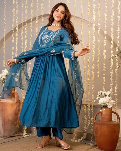 Image of Nermosa Women Embroidery Solid A-Line Kurta and Pant Set with Dupatta