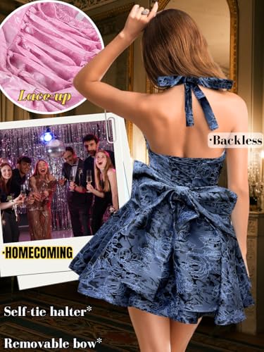 Image of ShawGobow Jacquard Corset Dress,Deep V Halter Mini Dresses with Bow Back,Sexy Birthday Outfits Women Homecoming Prom Formal