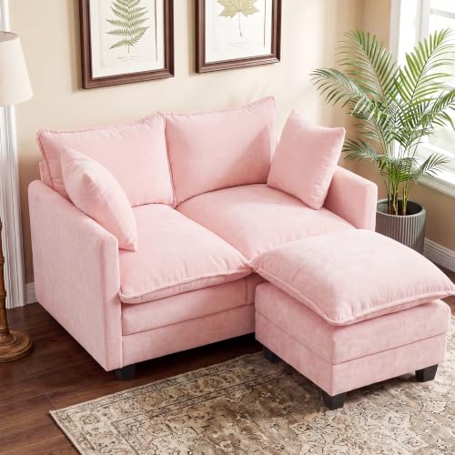 Image of 50 inch Love Seat with Ottoman, Small L Shape Cloud Sofa Couch, 2-Layer Cushion & 27 inch Deep Seat, 2 Pillows for Small Spaces, Bedroom, Apartment, Office, Living Room, Pink