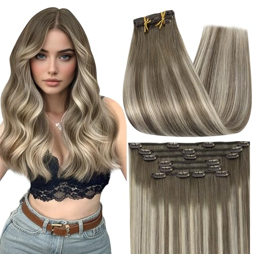 Image of Full Shine Clip in Real Hair Extensions Balayage for Short Thin Hair | 12 Inch, Ash Brown Balayage Hair Extensions Clip in Extensions, for White Women, 7 Pcs 95g