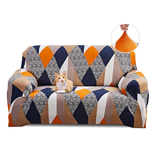 Jaotto Housse de Canapé Extensible 2 Place Couverture Canapé avec Accoudoirs Moderne Couvre Canapé Elastique Universelle Revêtement de Canapé Housse de Protection,Géométrie Orange