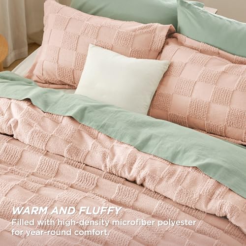 Image of Bedsure Dusty Rose King Size Comforter Set, Boho Tufted Bed Set, Checkered Farmhouse-Style Distressed Vintage Bedding, 3 Pieces, 1 Plaid Geometric Comforter and 2 Pillow Shams