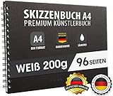 Skizzenbuch PREMIUM Qualität 200 g/m² mit schwarzer Spiralbindung A4 Querformat – Blattgröße 28,9 x 20,3 cm, Reißfestes, nicht ausblutendes, säurefreies Papier Weiß, Sketchbook - aus DEUTSCHLAND