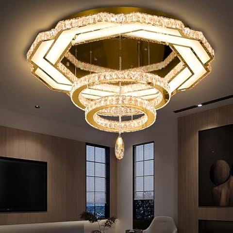 Flashing God Crystal Chandeliers Dia 32" Gold Chandelier Flush Mount Ceiling Light for Bedroom Living Room Dining Room Hallway Dimmable 3 Rings LED Celing Lighting Fixtures Cover