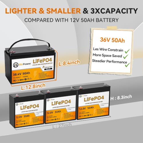 Image of 3 PACK 36V 50Ah Trolling Motors Lithium LiFePO4 Battery, Built-in 50A BMS, 1.2C Discharge 60A Current,Deep Cycle Group31 Battery, Perfect for Trolling Motor,RV, Boat, Marine, Solar
