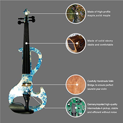 Aliyes Wood Electric Violin Full Size 4/4 Intermediate-A Electric Silent White&Blue Flowers Violin Kit With Case,Bow,Rosin,Headphones,Shoulder Rest,Strings(Aldsza-1201) #TOP2
