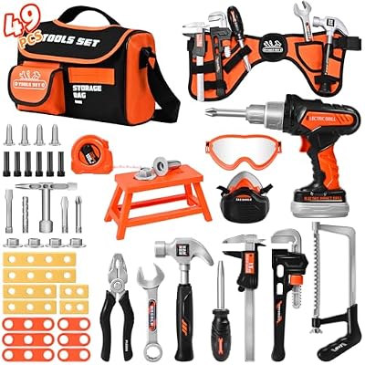 Kids Tool Set 49 PCS, Portable Tool Bag with Battery Powered Toy Drill & Adjustable Belt, Pretend Play Toddler Tool Set, Construction Toys for Boys & Girls Age 3-8, STEM Gifts