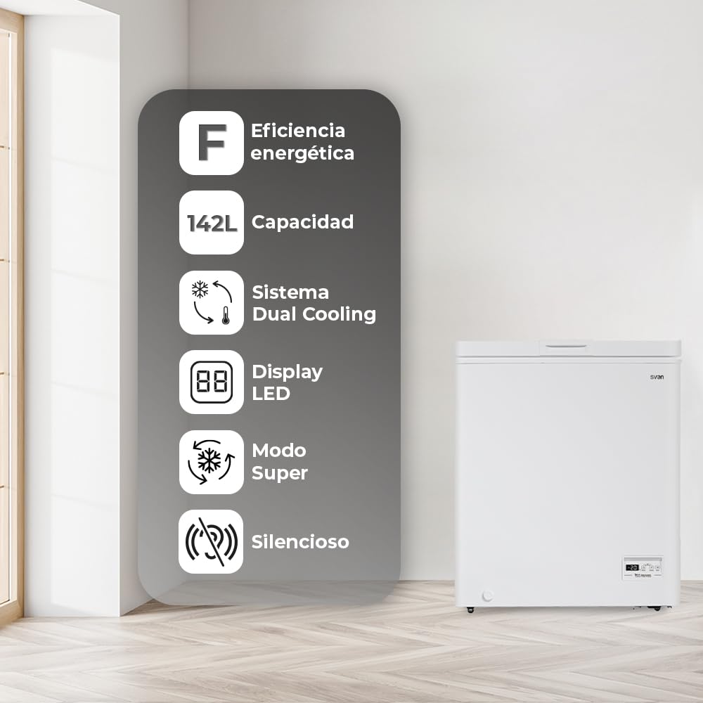 Svan Congelador horizontal Blanco SCH1500FDC. Capacidad 142 Litros, Dual Cooling, 1 Cesta, Bajo nivel Sonoro, Eficiencia Energética Clase F