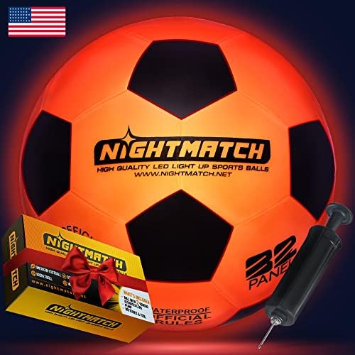 NIGHTMATCH Light Up Soccer Ball - Extra Pump and Batteries - Perfect Glow in The Dark Soccer Ball Size 5 with Spare Batteries - Waterproof Glow Soccer Ball with Two Bright LEDs