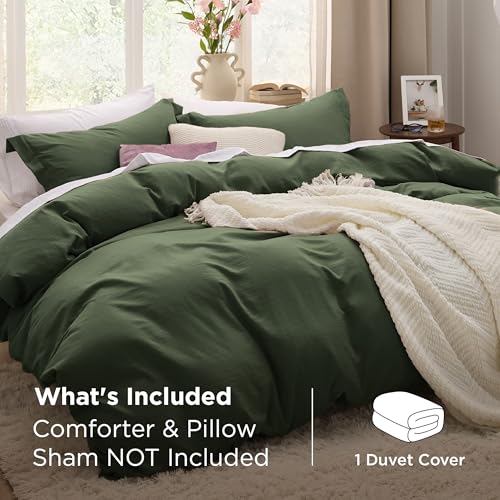 Image of Bedsure Olive Green Duvet Cover Queen Size Only - Prewashed Cotton-Like Polyester Extra Soft All Season Bedding, Includes 1 Duvet Cover 90x90 Inches with Zipper Closure, Comforter Not Included