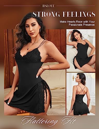 RSLOVE Women Lingerie Sexy Chemise Lace Babydoll Side Split Full Slip Nightgown Modal Sleepwear Nighty3