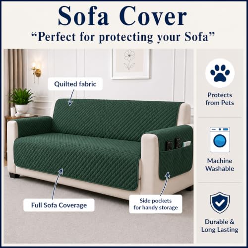 Image of STITCHNEST 'Airsoft Range Series' Solid Quilted Velvet Sofa Cover for 3 Seater | Premium Soft Velvet Sofa Protector | Green Diamond Quilted Design with Armrest Pockets | Furniture Cover