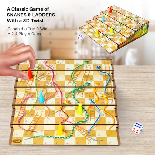 Image of 3D Snakes & Ladders Junior, MDF Wooden Ladder Shaped Board Game for Kids & Adults