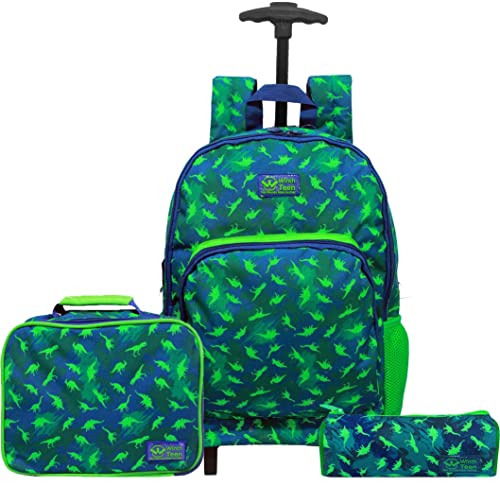 Mochila Bolsa Reforçada Escolar Infantil Menino Dinossauro Rodinha Costas Lancheira Estojo