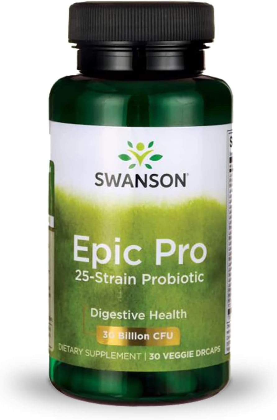 Swanson Epic-Pro 25-Strain Probiotic 30 Billion CFU Digestive Health Immune System Support Prebiotic Nutraflora FOS 30 DRcaps Veggie Capsules (Caps)