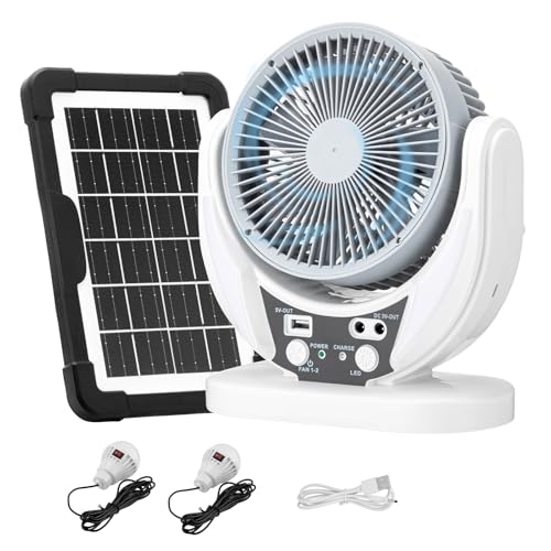 Ventilador de Energía Solar de 10800 mAh, 6' Ventilador Recargable con Panel Solar, Luz LED y Bombilla Ligero y...
