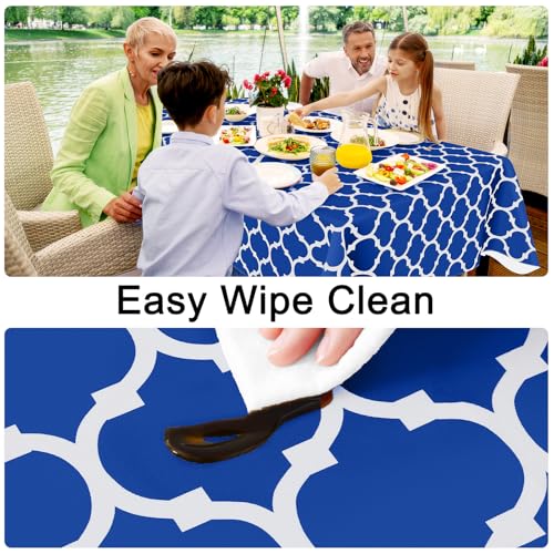 Image of Smiry Round Table Cloth, Flannel Backed Vinyl Tablecloth, 60 inch Round | Waterproof Plastic Tablecloths, Wipeable Table Cover for Dining, Indoor and Outdoor (Blue)