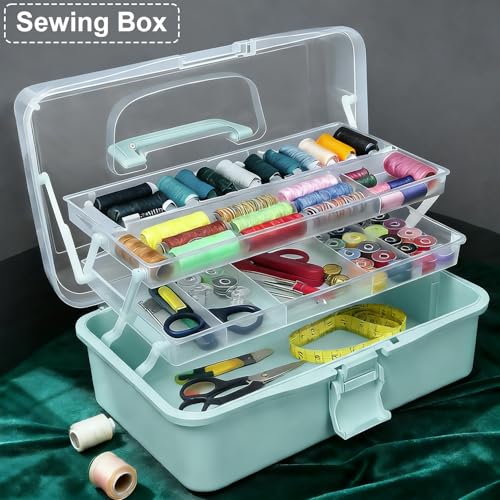 Image of DUOFIRE 13in 3-Layer Foldable Craft Organizers and Storage, Multipurpose Sewing Box, Portable Handled Plastic Tool Box Organizer, Craft Organizer for Sewing, Tools, Tackle or Art Supplies (Blue)