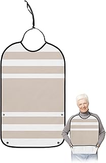 QueenKer Funny Adult Bibs for Eating, Orange Geometric Stripe Waterproof Clothing Protector Washable Adult Bib with Crumb Catcher for Men Women Elderl and Seniors