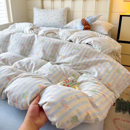 Image of VM VOUGEMARKET Cute Fish Duvet Cover Set Queen,Blue Striped