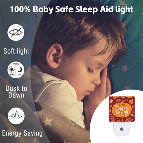 Image of Happy Thanksgiving Night Light for Kids,Autumn Fall Orange Pumpkin Maple Leaf Night Light Plug in with Dusk to Dawn Sensor,0.5w Energy Saving Nightlight for Hallway Stairway Kitchen Bedroom