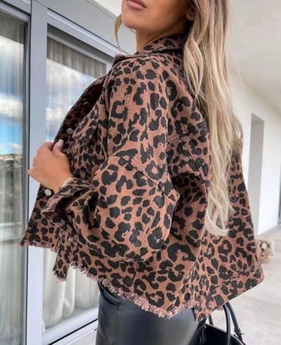 CHARTOU Women Distressed Denim Jacket Leopard Button Down Frayed Short Jean Coat2