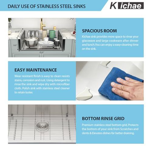 Image of Kichae 25 Inch Drop In Kitchen Sink - 25x22 Drop Sink Stainless Steel 16 Gauge Single Bowl Topmount Deep Basin Drop Kitchen Sinks Round Corner Handmade Sink