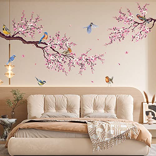 Watercolor Pink Flower Wall Decals Blossom Bird Tree Branch Wall Stickers Chinese Style Tree And Flying Birds Wall Art Decor Decals Murals For Living Room Offices Home Sofa Tv Background Study Room #TOP8