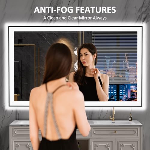 LOAAO 60"X36" LED Bathroom Mirror Black Framed, Anti-Fog, Dimmable, Lighted Bathroom Vanity Mirror for Wall, Memory Function, Tempered Glass