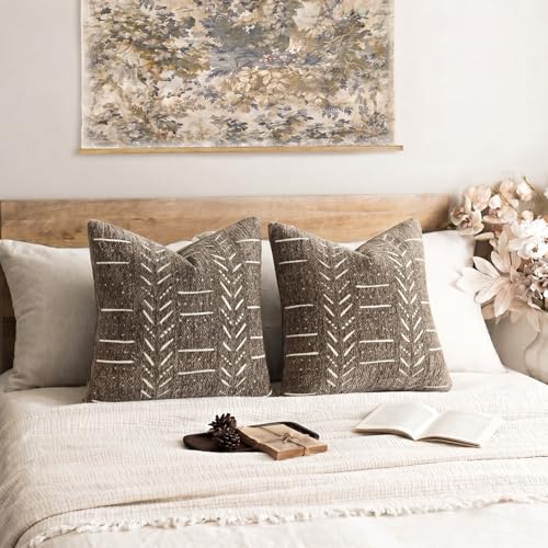 Image of Foindtower Set of 2 Decorative Chenille Jacquard Throw Pillow Covers Textured Farmhouse Vintage Cushion Cover Modern Coastal Boho Home Decor For Sofa Chair Couch Bed Living Room,18x18 Inch,Cocoa Brown