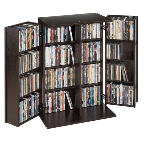VEVOR Media Storage Cabinet 4-Tier DVD Shelf Organizer 24.02 x 14.49 x 33.31 in Multimedia Storage Organizer for CDs DVDs Books Games CD Shelf for Living Room Home Office Recording Room Brown