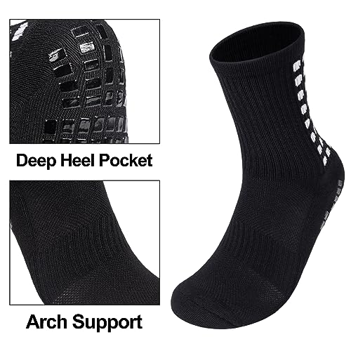Elfcool Grip Socks Soccer, 6 Pairs Non-Slip Soccer Grip Socks For Men Or Women, Cushioned Athletic Non-Skid Crew Soccer Socks With Arch Support Mesh Ventilating For Running, Hiking (Black) #TOP3