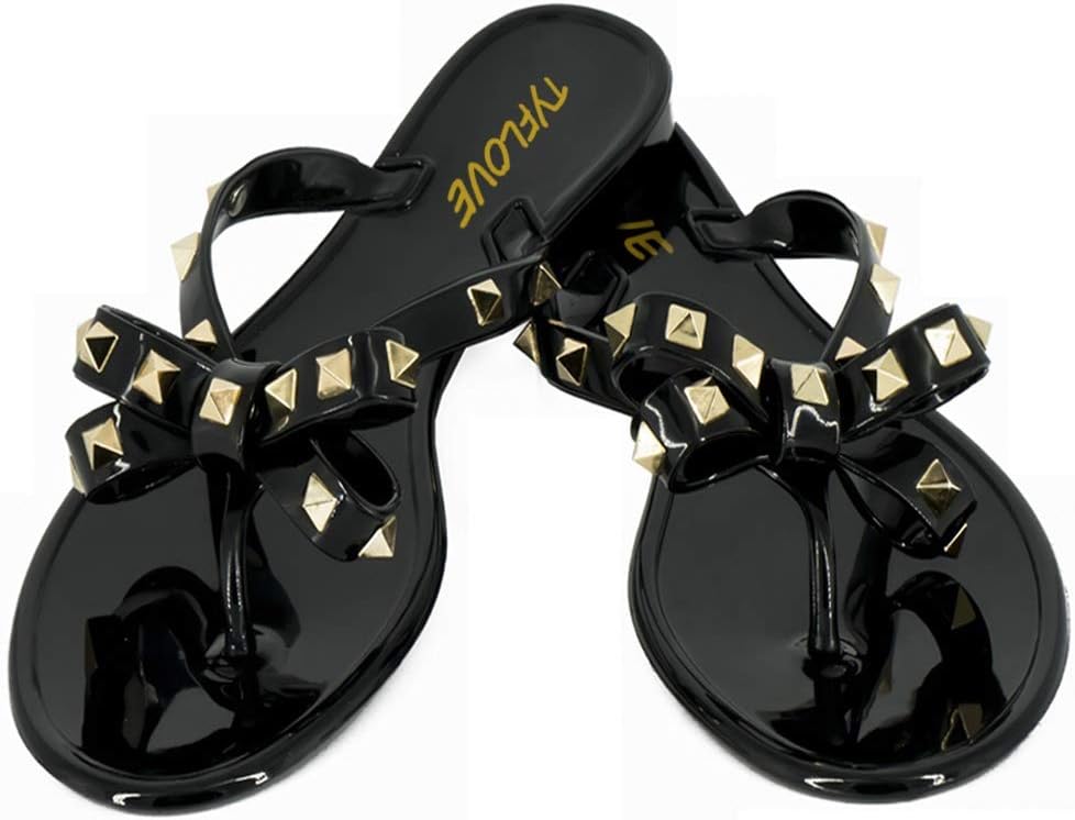 Women Rivet Flip Flops Studded Jelly Thong Sandals with Bow Summer Bowtie Flat Beach Rain Shoes