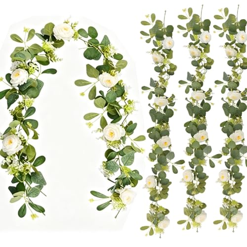 Lot de 4 Guirlande de Fleur d'Eucalyptus Artificielles, 180cm Guirlande de Roses Blanches pour Décoration Mariage, Toile de Fond de Table, Centre de Table,...
