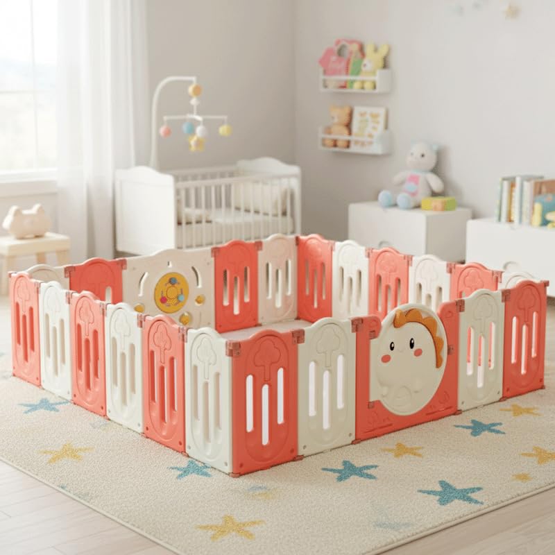 Recinto per Bambini in Plastica XL PL64-RED Area Giochi Pieghevole, 20 Pannelli + 2 Pannelli Gioco + 1 Porta, Box Neonato Interno ed Esterno, 228x228 cm, Rosso