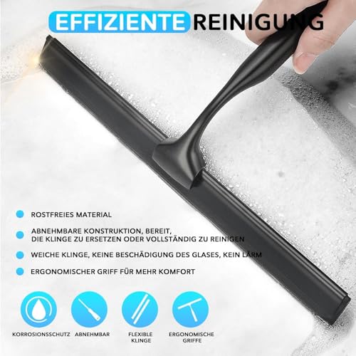 COFTCLMOMT 35CM Edelstahl Duschabzieher Mit Selbstklebe Haken, Schwarz Abzieher Dusche Wischer für Badezimmer, Kurzer Handgriff Glaswischer, Glas Wasserschieber, Duschwand Abzieher (Schwarz)
