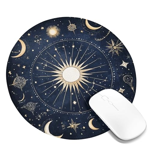 Celestial Constellation Mouse Pad, Navy Blue Astrology Design with Gold Stars and Moons, Non-Slip Washable Gaming Mousepad for Home Office Use Round 8x8 Inch