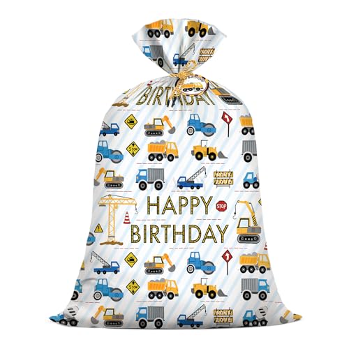 2Pcs Extra Large Construction Birthday Plastic Gift Bag for Boys 36x56 Inch Jumbo Gift Bags Trucks Excavators Cranes Vehicle-Themed Kids Happy Birthday Parties Favors Decorations
