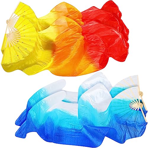 Qunclay Artificial Silk Bamboo Fans Veils Long Belly Dance Silk Fan Colorful Gradient for Dance Dancer Women Left & Right Hand 180 x 90 cm(Gradual Yellow, Blue and White,2 Pairs)
