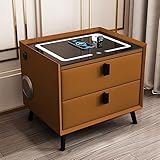 QUSYZD Mesita de Noche Inteligente LED con 2 cajones, estación de Carga inalámbrica, Puerto USB, Altavoz Azul, Gris Oscuro, Ideal para Dormitorio y Sala de Estar, vertic,Light Brown-30x40x47cm