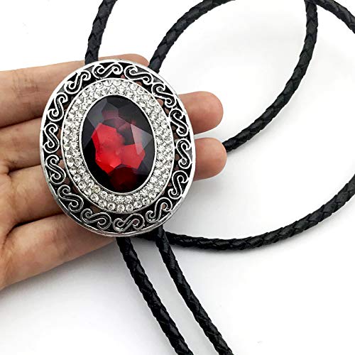 SELOVO Western Big Large Red Rhinestone Western Bolo Tie Genuine Leather Silver Tone