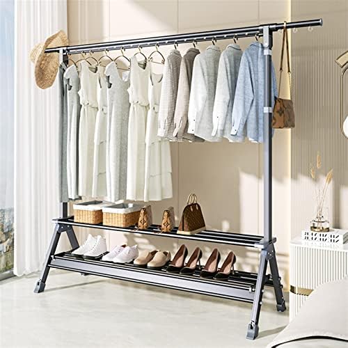 Adjustable Laundry Drying Rack with Hidden Wheels, Double Layer Clothes Rack & Bedroom Coat Rack with Shoe Storage, Retractable Stand (116-200cm) - Black