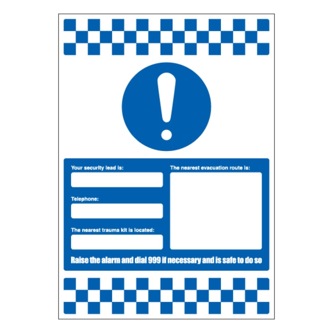 Bleedsave Your Security Lead Is/Telephone/Nearest Trauma Kit/Evacuation Route 297 x 420 mm (A3) - 1mm Rigid Plastic