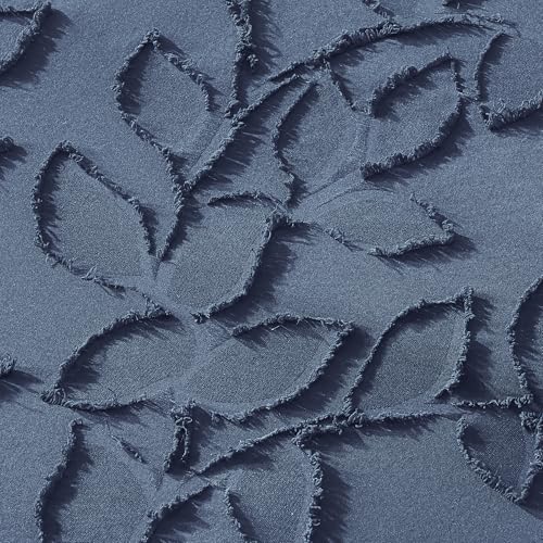 Image of Litanika Queen Size Comforter Set Ocean Blue, 3 Piece Cream Boho Tufted Bedding, Fluffy Farmhouse Bed Set for All Season with 2 Leaf Pattern Pillowcases(90x90In)