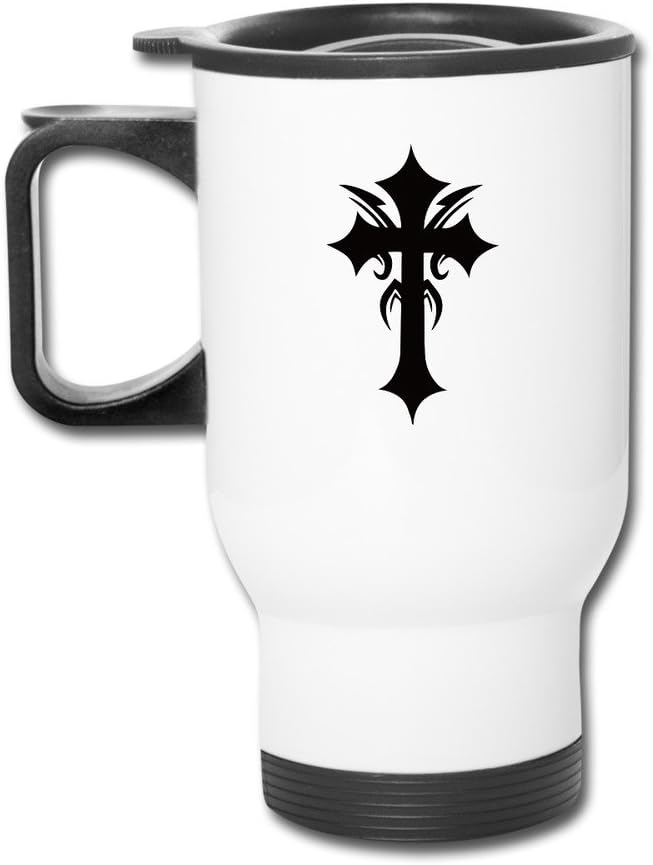 Superior Embellished Funky Cool Gothic Cross Travel Mugs With Handle White Drink Bottle With Easy Clean Lid