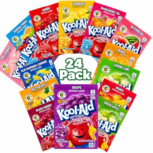 Kool Aid Variety Pack Sachets Bundle 24 Pack 12 Assorted Flavours x 2 Each American Drink Mix Selection by Boxed Treatz Tropical Cherry Grape Watermelon & More