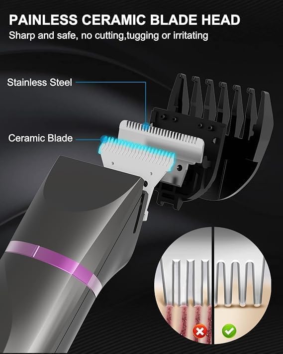 Close-up of ceramic blade head and comparison of skin irritation